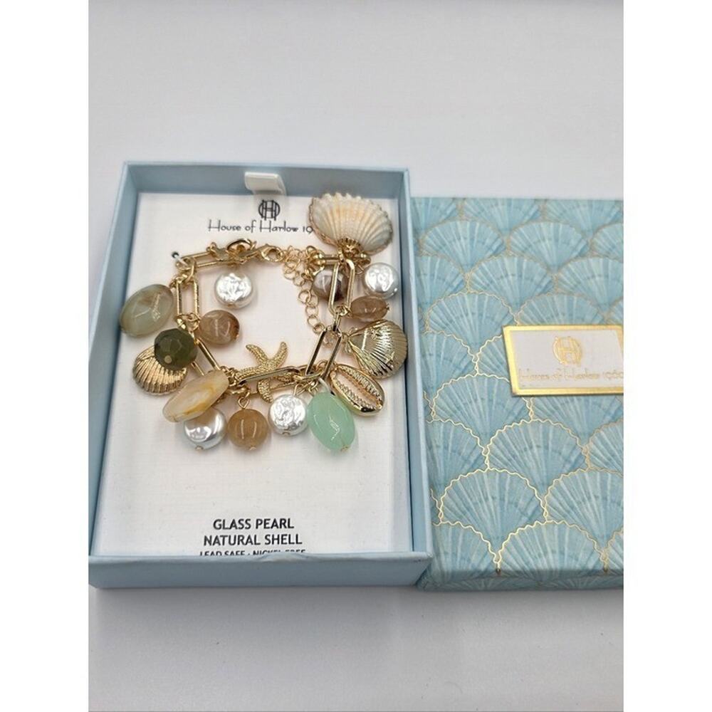 House of Harlow 1960 Gold Charm Bracelet Nautical Pearl Shell Beads Beach New